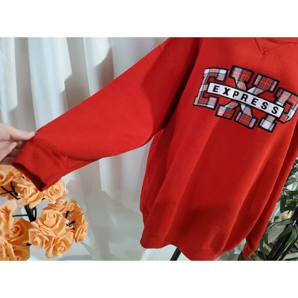 Vintage Express EXP Sport Tartan Plaid Logo Sweatshirt Size L Red Oversized Y2K - Picture 5 of 12
